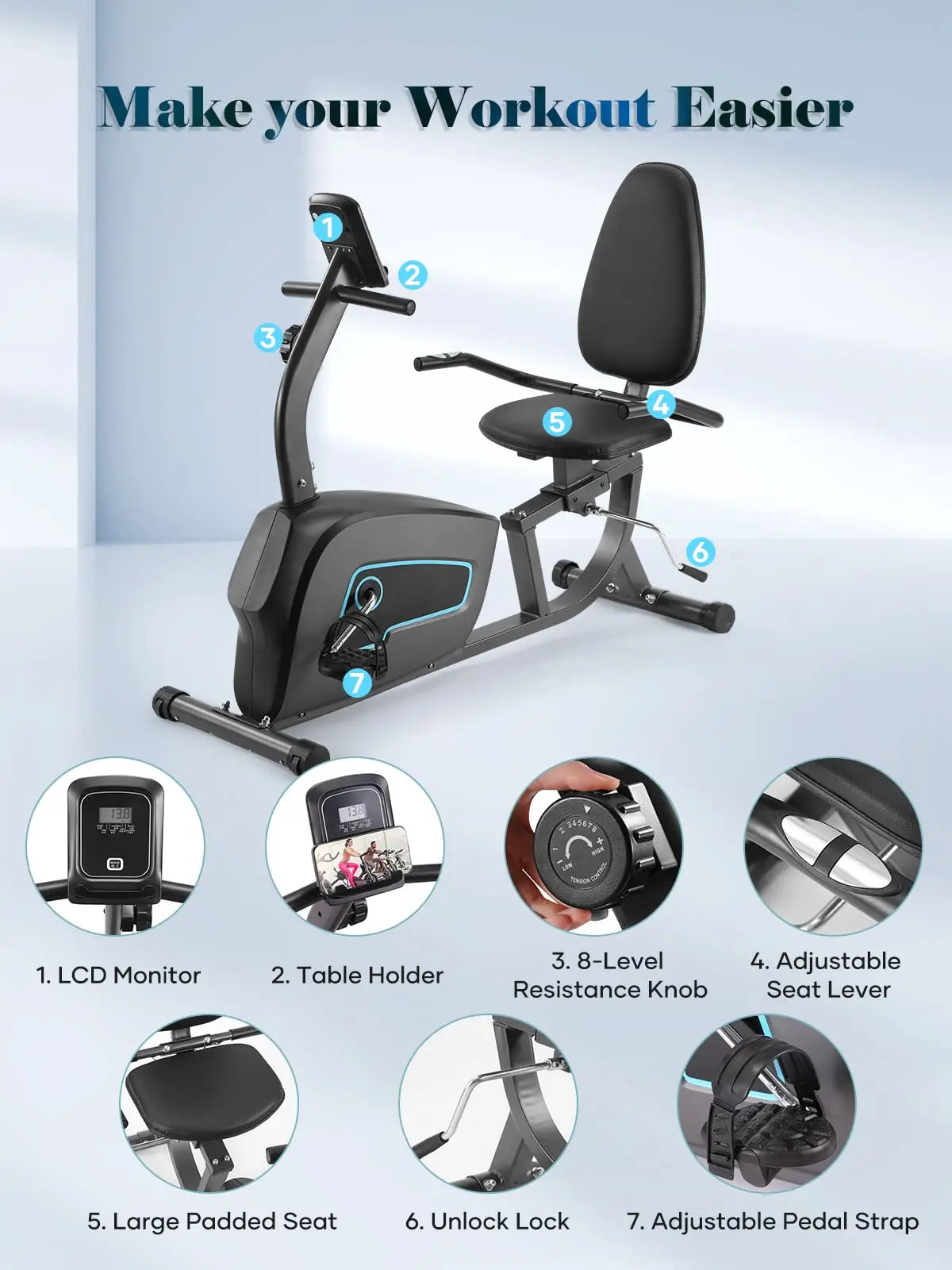 Quiet 8-Level Recumbent Bike